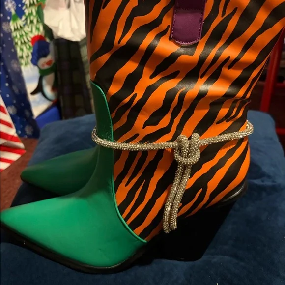 Green and Orange Striped Boots with Silver Accents - Picture 2 of 6
